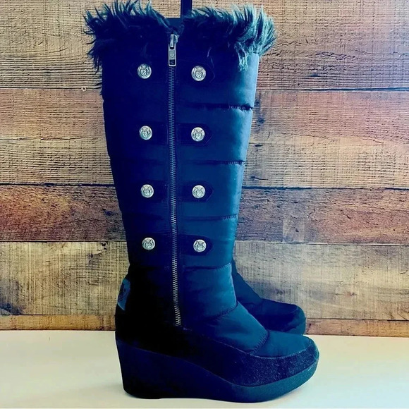 Juicy Couture Everest Quilted Nylon Suede FauxFur Knee High Tall Wedge Boots - Picture 2 of 13